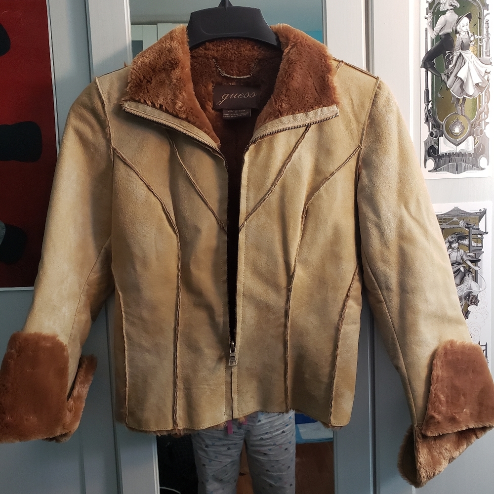 Guess tan leather plush trim jacket